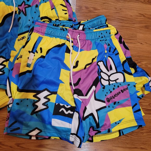 Reason Brand Pop Art Cartoon Comic Shorts Blue teal Aqua Yellow Black Purple RSN - Picture 3 of 8